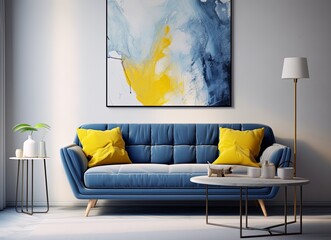 Living room with an azure couch and a painting on the wall
