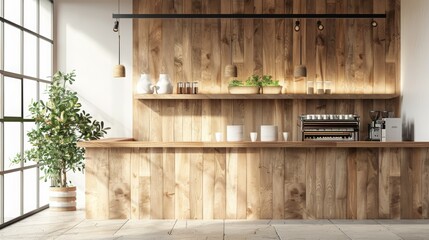 Modern cafe interior with empty wall, wooden counter