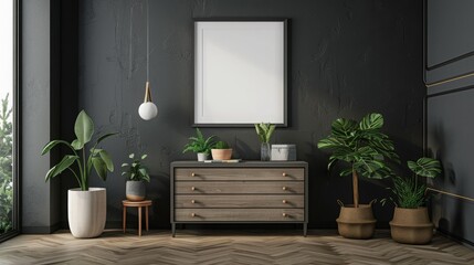 dark Gray living room interior with dresser and square poster 