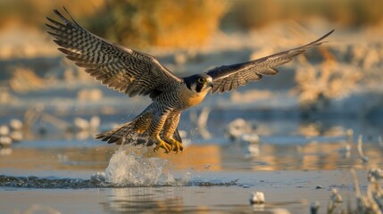 Peregrine falcon unfurling its wings and soaring above the Sambhar salt lake in Rajasthan