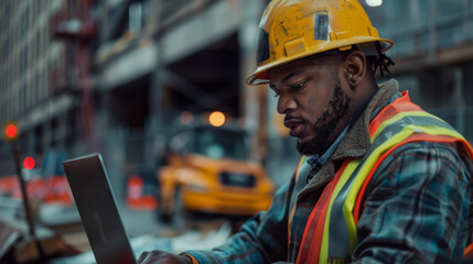 African American construction worker focused on a laptop at an urban construction site.