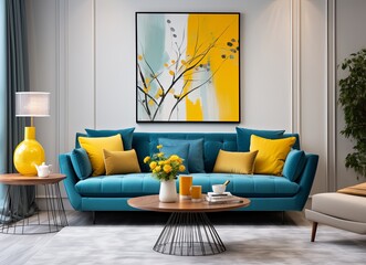 Living room with an azure couch and a painting on the wall