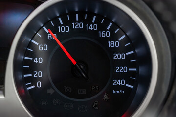 Speedometer reading at 80 km/h. Odometer of a transport vehicle