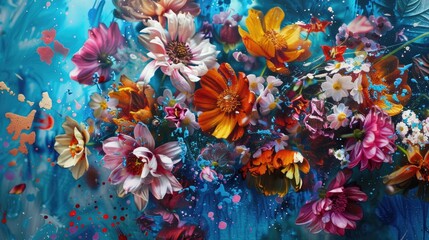 A collection of multi-colored flowers immersed in hues of blue and splashes of paint creating a vivid composition