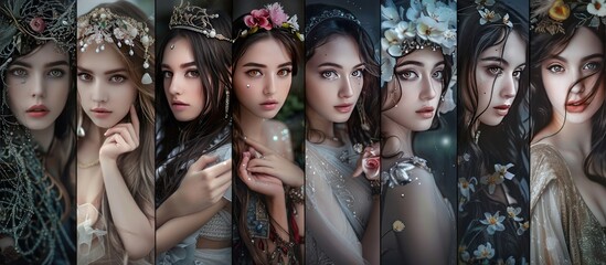 Fototapeta premium Beautiful fantasy fairy tale elf woman princess portrait collection set wallpaper AI generated image