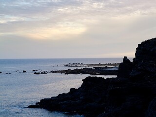 Sunset on the frozen lava coast at Punta Delioma, Las Galletas, Arona, Tenerife, Atlantic Ocean, Canary Islands, Spain