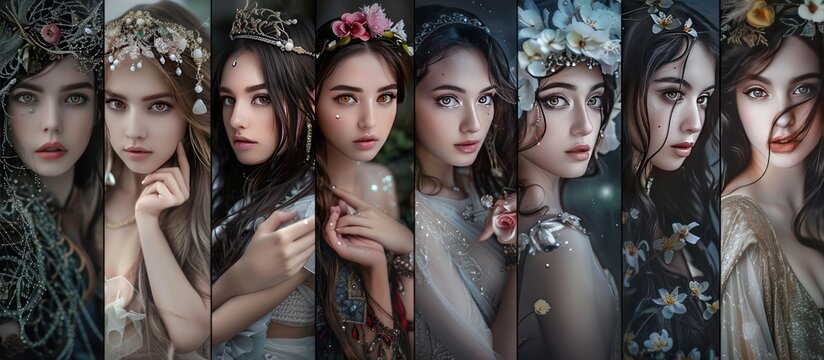 Beautiful fantasy fairy tale elf woman princess portrait collection set wallpaper AI generated image
