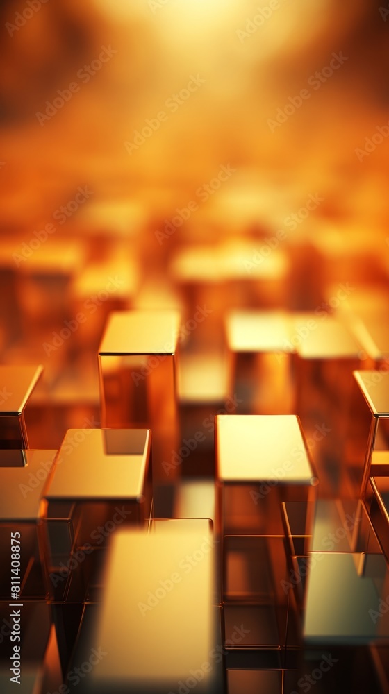 Poster a close up of a gold colored building made of squares. the squares are all different sizes and are a