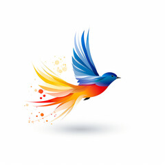 A colorful bird with blue, yellow and red wings flies through the air