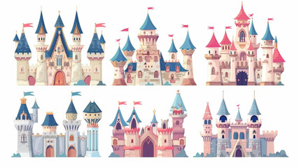 
Fairy tale castles. Cartoon magic kingdom palace. Royal house. Fabulous medieval high building with tower and citadels