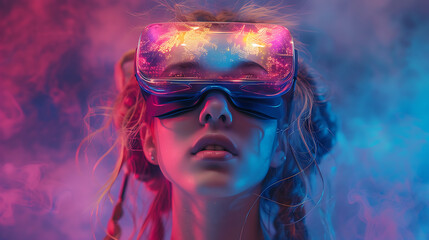 Immersed in the metaverse, a woman wears VR virtual reality goggles, embodying futuristic living, blending technology seamlessly with everyday life.