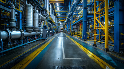 Wide-angle shot of a vast industrial factory interior, highlighting extensive machinery and structural complexity.