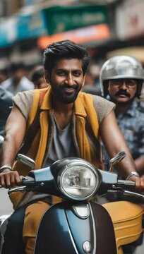 A South Asian man riding a scooter through traffic award winning phot