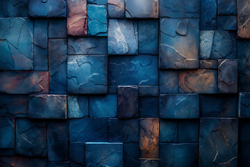 abstract background of a wall of square stones, mostly blue in color