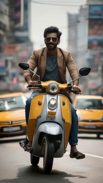 A South Asian man riding a scooter through traffic award winning phot