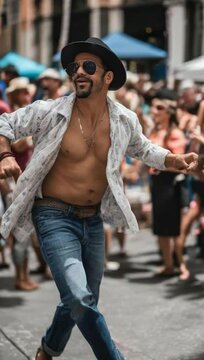 A Hispanic man dancing at a lively street festival award winning phot
