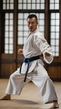 A East Asian man practicing martial arts in a dojo award winning phot