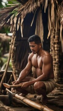 A Pacific Islander man carving a traditional canoe award winning phot