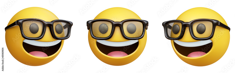 Poster nerd face three-dimensional emoji. smiling emoticon wearing glasses isolated on transparent backgrou