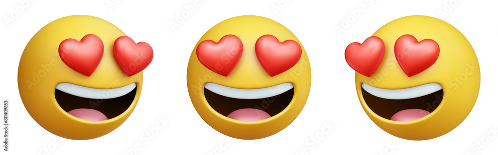 Poster smiling face with heart eyes three-dimensional emoji. emoticon in love isolated on transparent backg