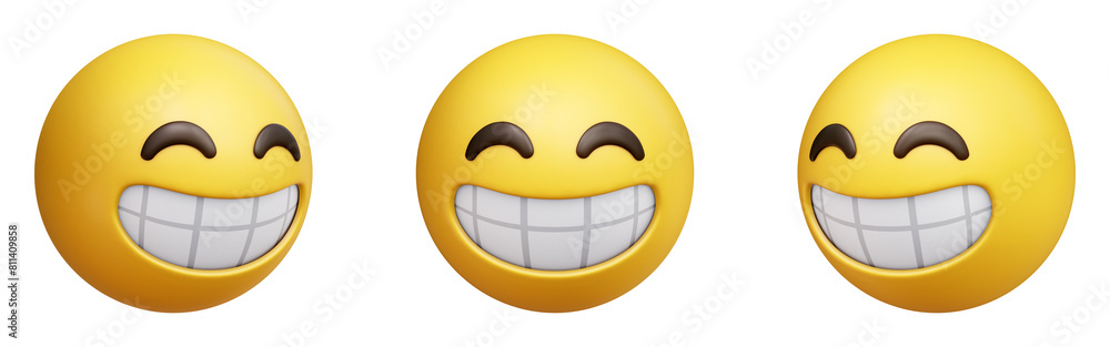 Poster beaming face with smiling eyes three-dimensional emoji. emoticon smiling with full teeth isolated on