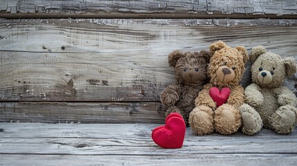 Two teddy bears with hearts on a weathered wooden backdrop capturing the essence of Valentine s Day with a touch of vintage retro charm