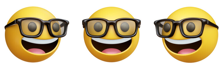 Nerd face three-dimensional emoji. Smiling emoticon wearing glasses isolated on transparent background. 3D rendering