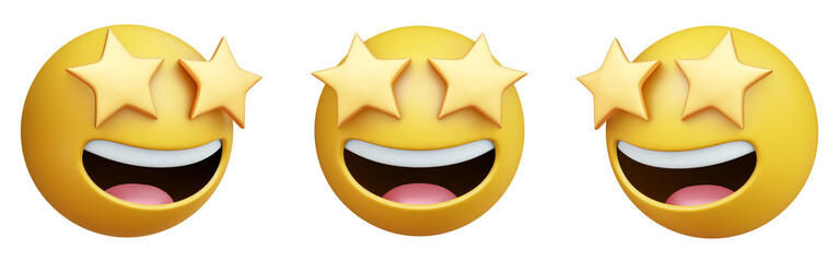 Star-struck three-dimensional emoji. Starry-eyed emoticon isolated on transparent background. 3D rendering