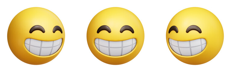 Beaming face with smiling eyes three-dimensional emoji. Emoticon smiling with full teeth isolated on transparent background. 3D rendering
