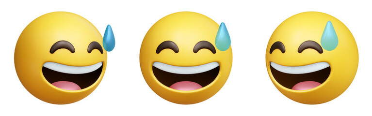 Grinning face with sweat three-dimensional emoji. Mildly embarrassed emoticon isolated on transparent background. 3D rendering