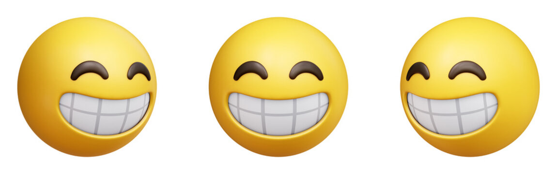 Beaming face with smiling eyes three-dimensional emoji. Emoticon smiling with full teeth isolated on transparent background. 3D rendering
