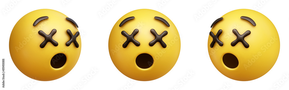 Poster face with crossed-out eyes three-dimensional emoji isolated on transparent background. 3d rendering