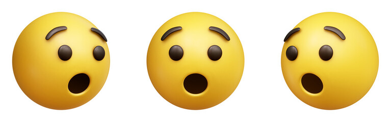 Hushed or surprised face three-dimensional emoji isolated on transparent background. 3D rendering