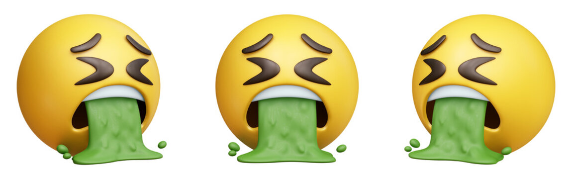 Face vomiting three-dimensional emoji. Disgusted emoticon isolated on transparent background. 3D rendering