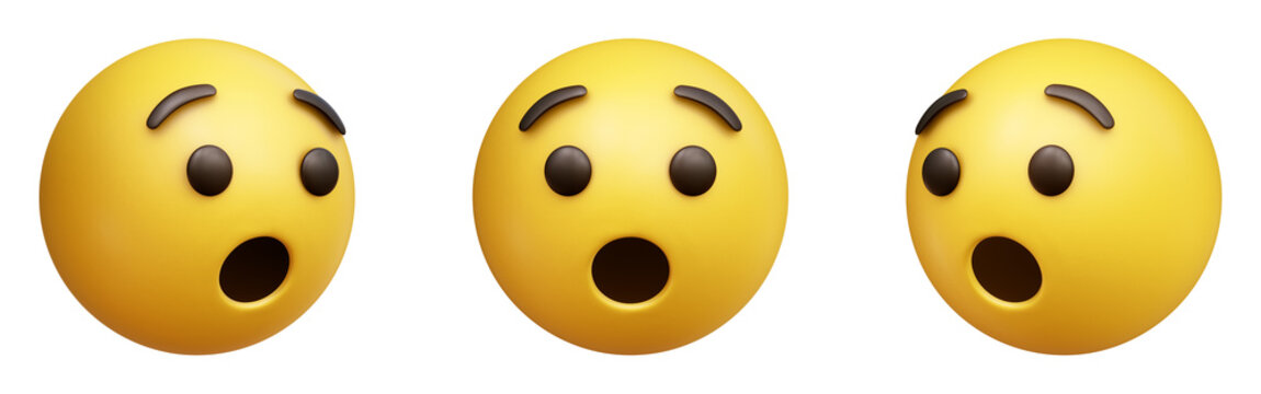 Naklejki Hushed or surprised face three-dimensional emoji isolated on transparent background. 3D rendering