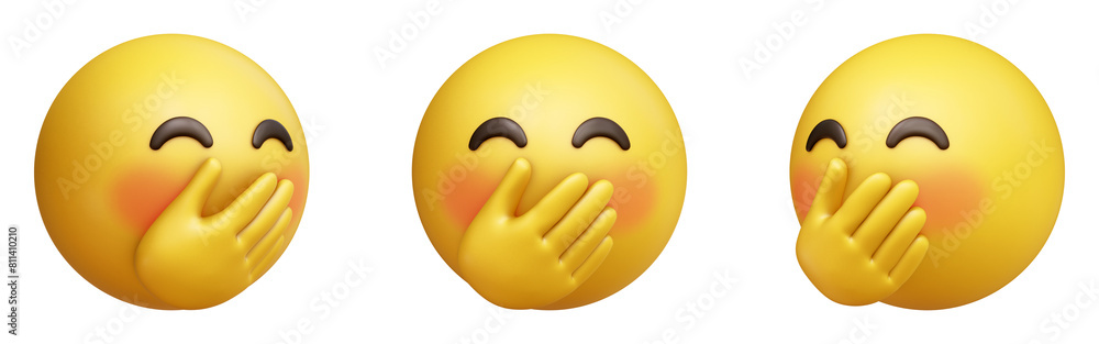 Poster face with hand over mouth three-dimensional emoji. blushing giggling emoticon isolated on transparen