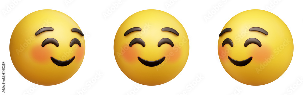 Poster smiling face three-dimensional emoji. pleased emoticon isolated on transparent background. 3d render