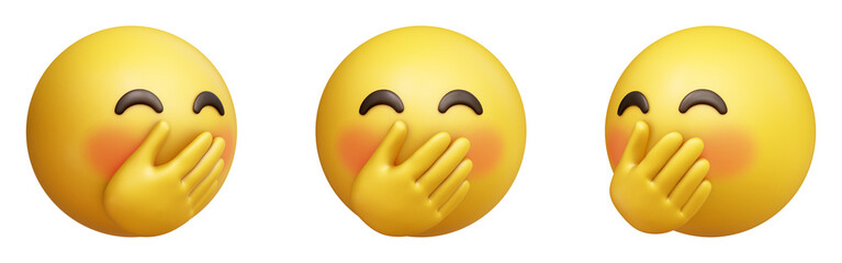 Face with hand over mouth three-dimensional emoji. Blushing giggling emoticon isolated on transparent background. 3D rendering