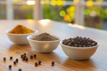 Various spices in bowls on a wooden dining table and black peppercorns scattered on the table.