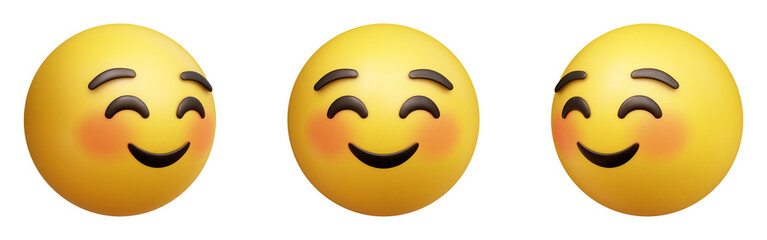 Fototapeta premium Smiling face three-dimensional emoji. Pleased emoticon isolated on transparent background. 3D rendering