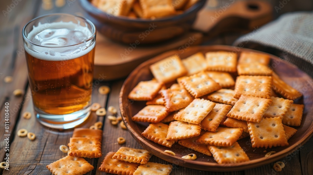 Canvas Prints Platter of crackers with a glass of beer on a wooden backdrop Frame made of food items