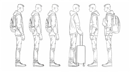 
man with a suitcase, sketch, outline on a white background vector 3D avatars set vector icon, white background, black colour icon