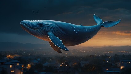 Nighttime cityscape with a flying blue whale above, lights twinkling. Generative AI