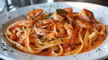 Shrimp topped fettuccini Italian cuisine