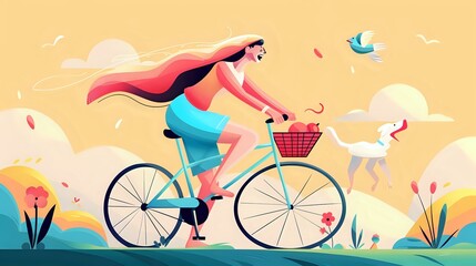Fototapeta premium Woman Cycling with a Smile in Serene Landscape