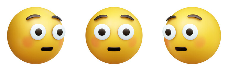 Flushed face three-dimensional emoji. Stunned blushing emoticon isolated on transparent background. 3D rendering