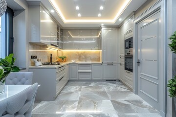 Modern kitchen interior of studio apartment in gray, white and beige colors and tones. White furniture and door. Expensive and luxury design, -