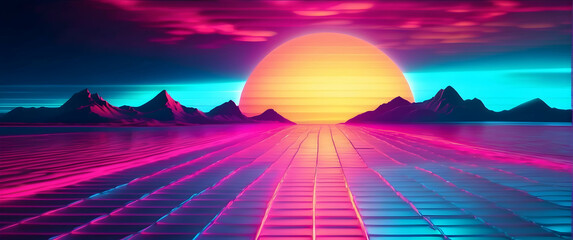 Futuristic landscape with neon colors and sun