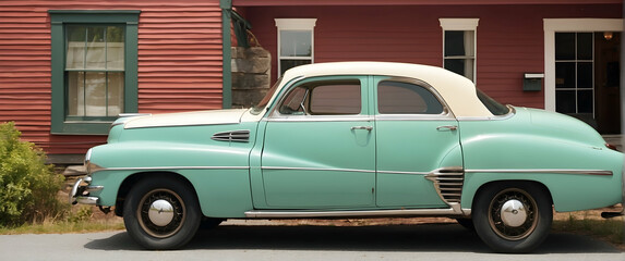 Classic teal car parked outside a house