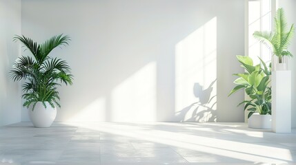 Minimal living room with indoor plants. Bright authentic home interior with plants. Home gardening and biophilic design Sunlight fills the spacious, airy rooms